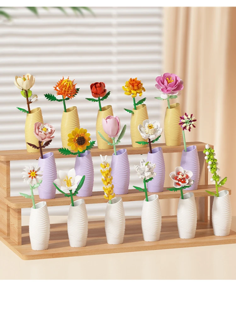 14 Styles Pretty  vase Flower arrangement  Building Blocks Sunflower Lily Rose Bricks Flower DIY Home Ornaments Valentine's Gift