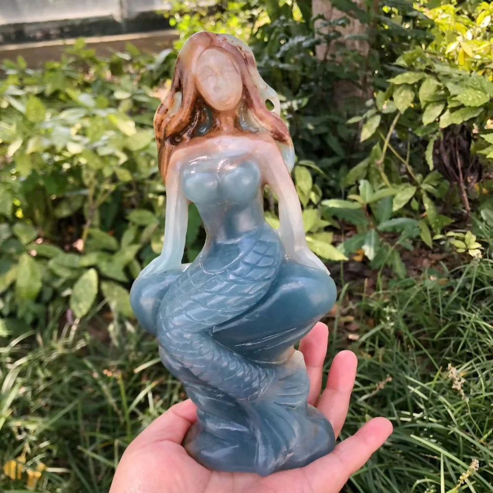 Natural Blue Onyx Hand Carved Mermaid Figurine, Crystal Ocean Creature Statue, Home Decor, Spiritual Meditation Crystal Gift