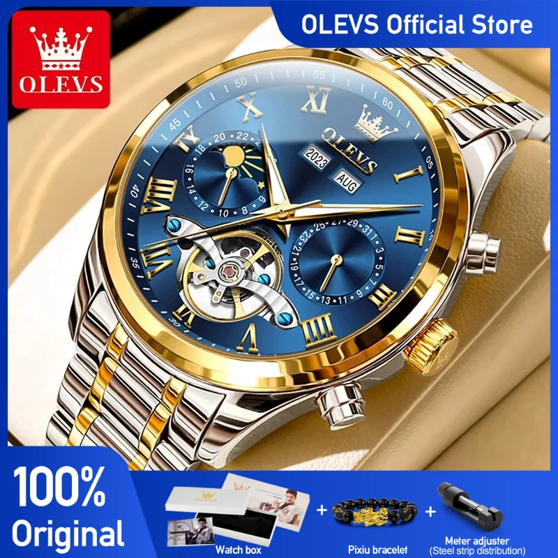 OLEVS Men\'s Watches Business Dress Automatic Mechanical Watch for Man Tourbillon Calendar Moon Phase Waterpoorf Wristwatch