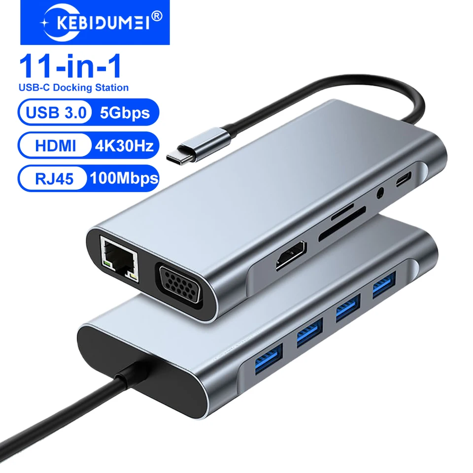 KEBIDUMEI 11포트 USB C 도킹 스테이션 USB C 허브 타입 C to HDMI 어댑터 4K USB 3.0 스플리터 어댑터 PC 노트북 맥북용 USB C Docking Stations USB C HUB Type C to HDMI Adapter 4K USB 3.0 Splitter Adapter For PC Laptop Macbook
