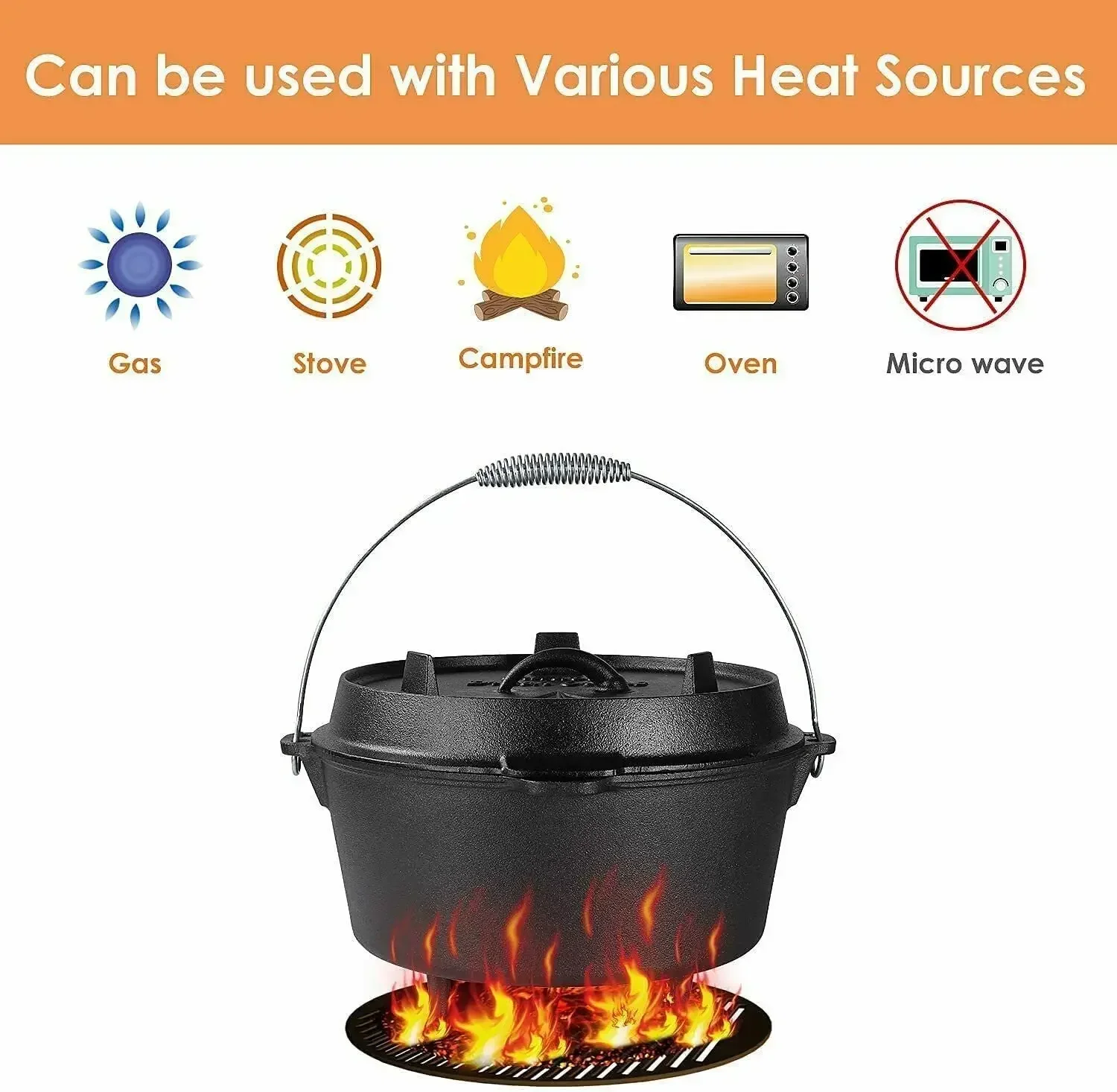 12.5 L Cast Iron Dutch Outdoor Camping Barbecue Hanging Soup Stew Pot