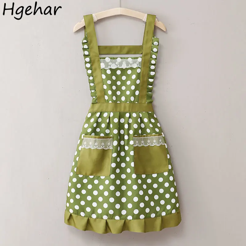 Summer Breathable Sleeveless Dot Aprons Women Pockets Portable Cooking Oil-proof Dirt Resistant Tools Princess Cleaning Apron