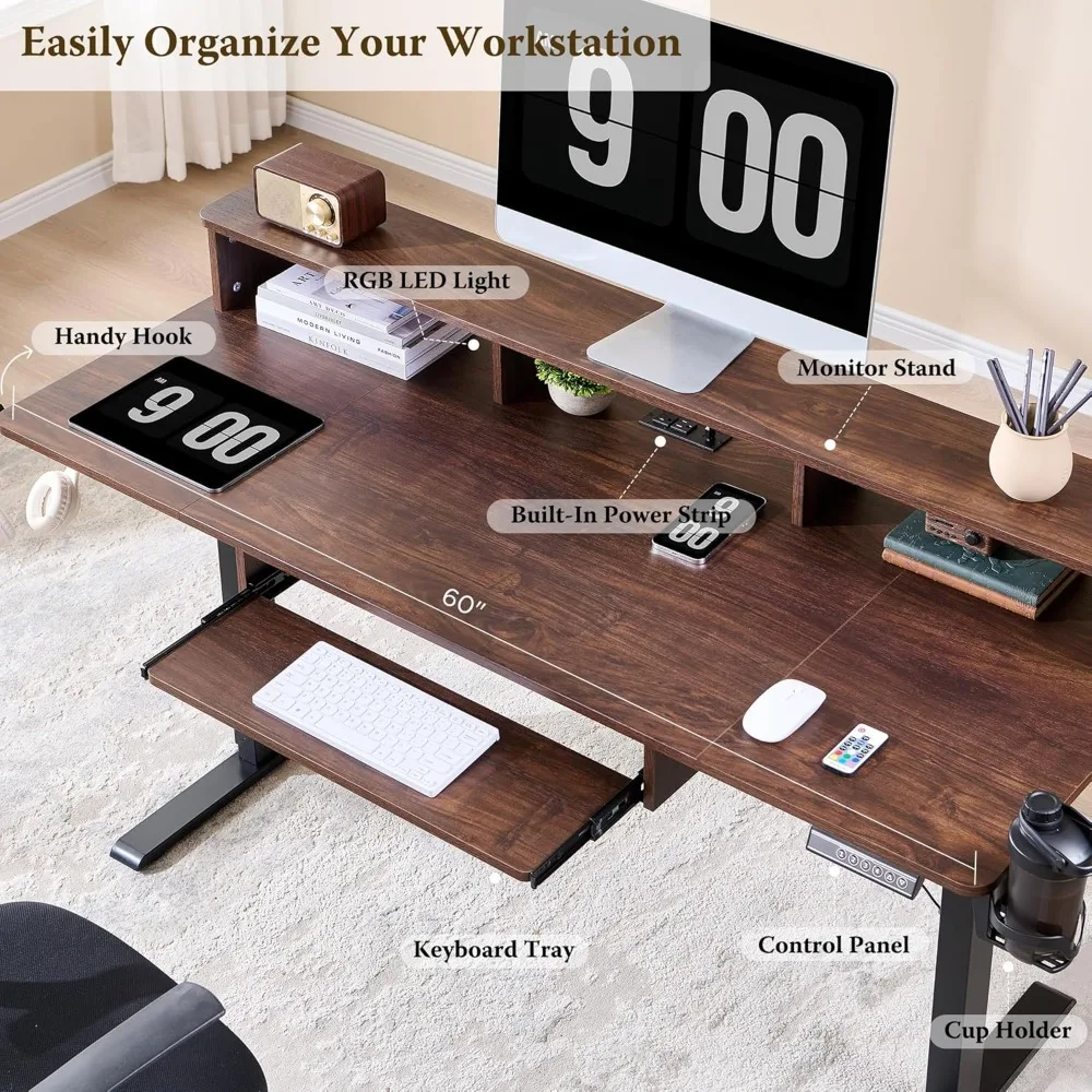 مكتب قائم كهربائي 60 بوصة ارتفاع قابل للتعديل، مكتب الجلوس مع صينية لوحة المفاتيح، منافذ الطاقة، أضواء LED ورف الشاشة -