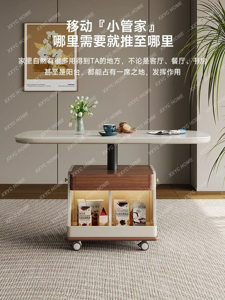 Dual-Purpose Solid Wood Tea Table Movable Liftable Meal Table Walnut Color Living Room Home Multifunctional Table