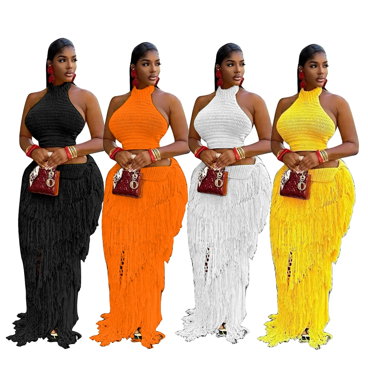 Crochet Knit Maxi Dress 2 Piece Skirt Sets 2026 Women Sexy Knitted Tassel Fringe Dress Elegant Two Piece Sets Outfit Knitwear view 6
