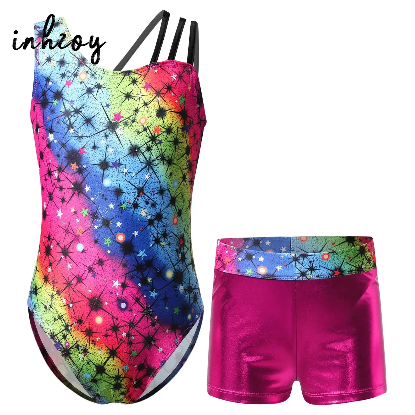 2Pcs Girls Gymnastics Ballet Dance Outfits Sleeveless Colorful Print Leotard with Shorts Set for Yoga workout Tumbling Skating