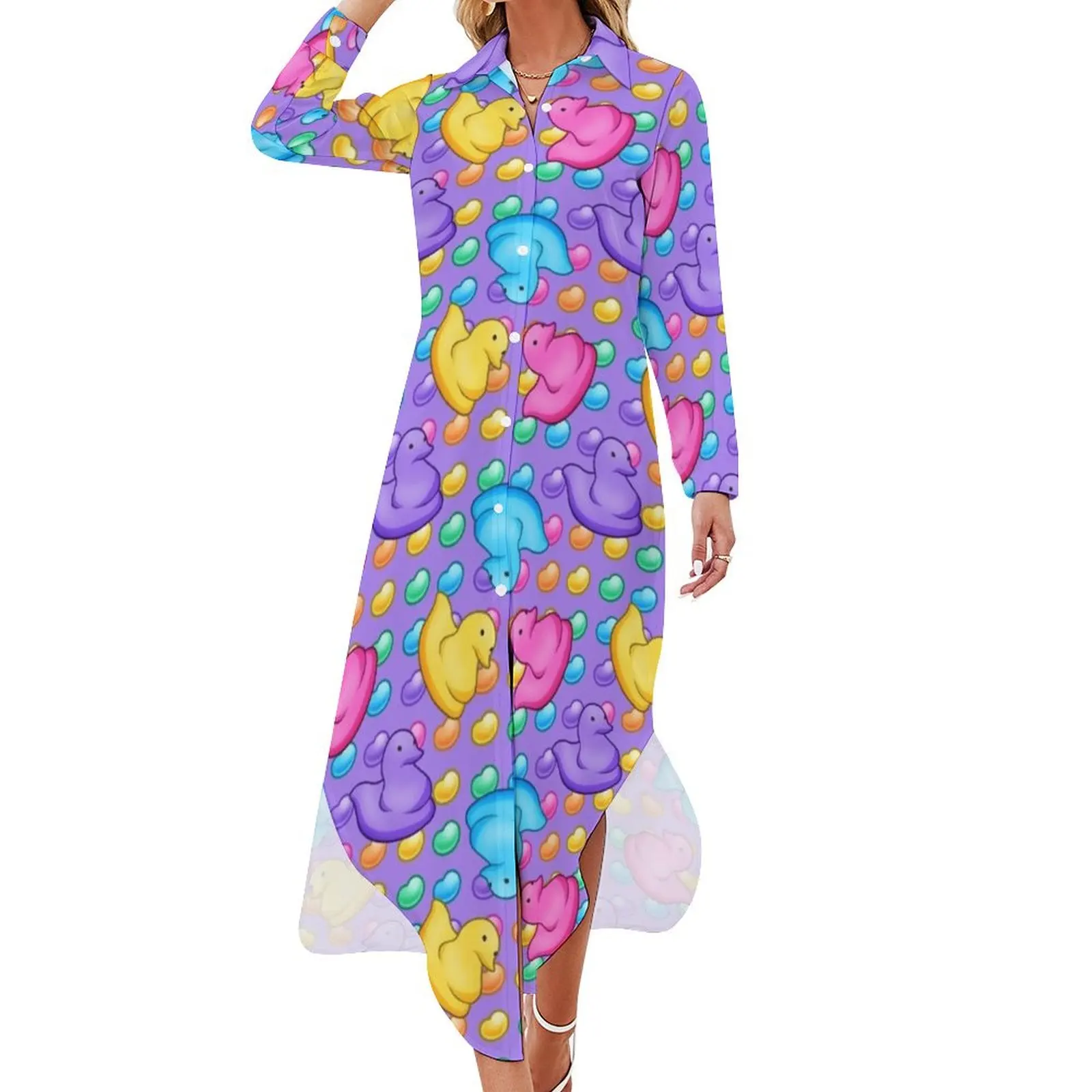 Marshmallow Peeps w/ Rainbow Jelly Beans on Purple - Easter Peep Chick Long Sleeved Shirt Dress sensual sexy dress for women