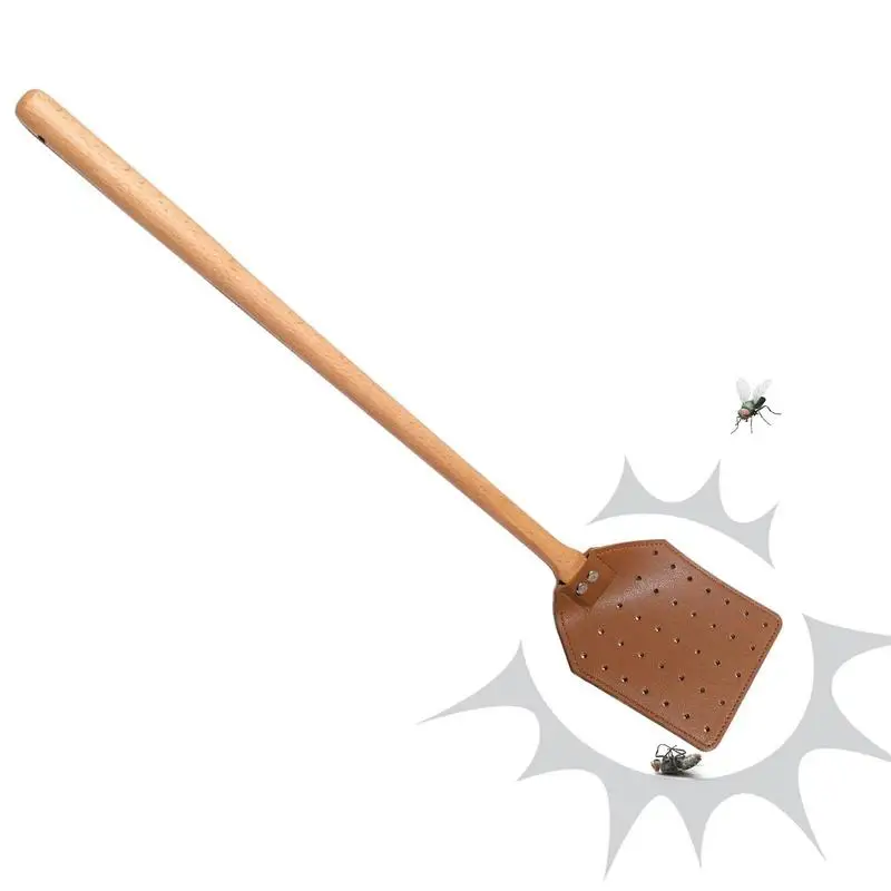 

Fly Swatter Leather Strong Flyswatter Handheld For Flies Hanging Manual Fly Swat Shatter Indoor Outdoor Long Wooden Handle