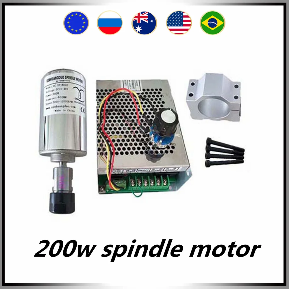 

CNC Spindle Motor 200w ER11 ER16 Air Cooling Round Spindle 12000rpm +AC 200-240V Speed Controller support MACH3 + 52mm Mount