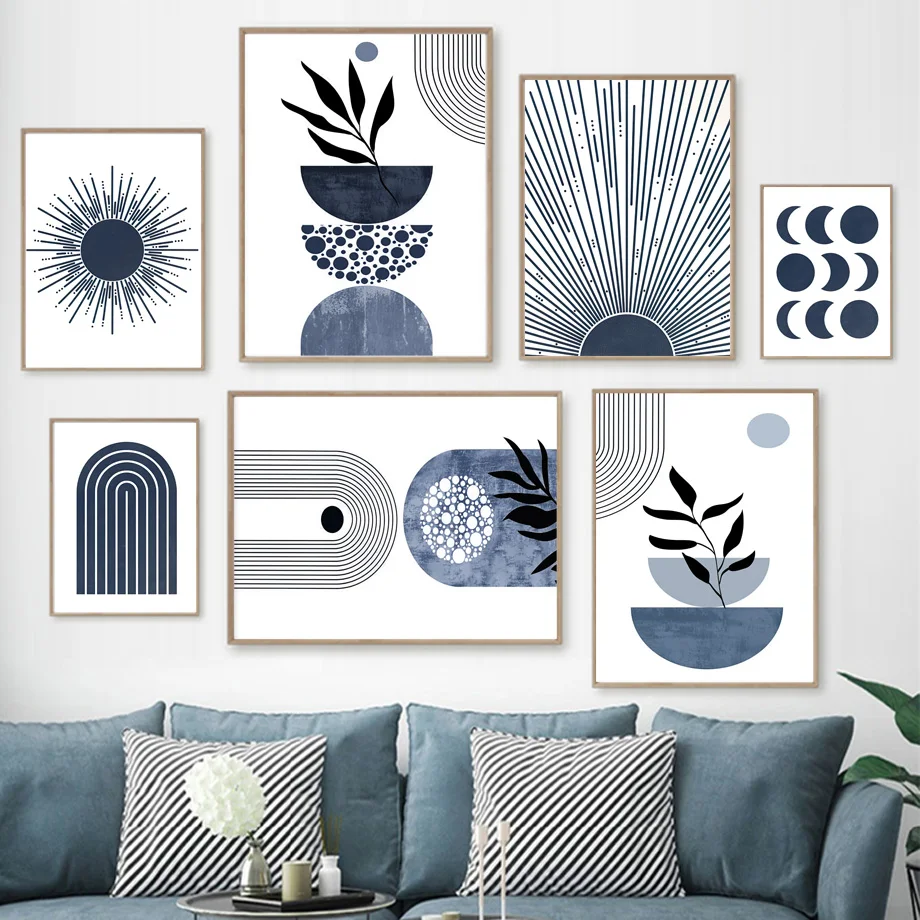 

Blue Abstract Mid Century Poster Geometric Line Sun Moon Leaves Wall Art Print Canvas Painting Wall Pictures Living Room Decor