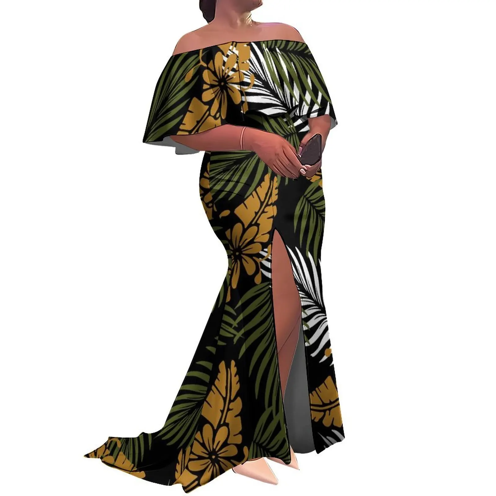 Floral Print Polynesian Pacific Island Style Women'S One-Shoulder Slim Slit Long Dress, Festival Party Floor-Length Dress