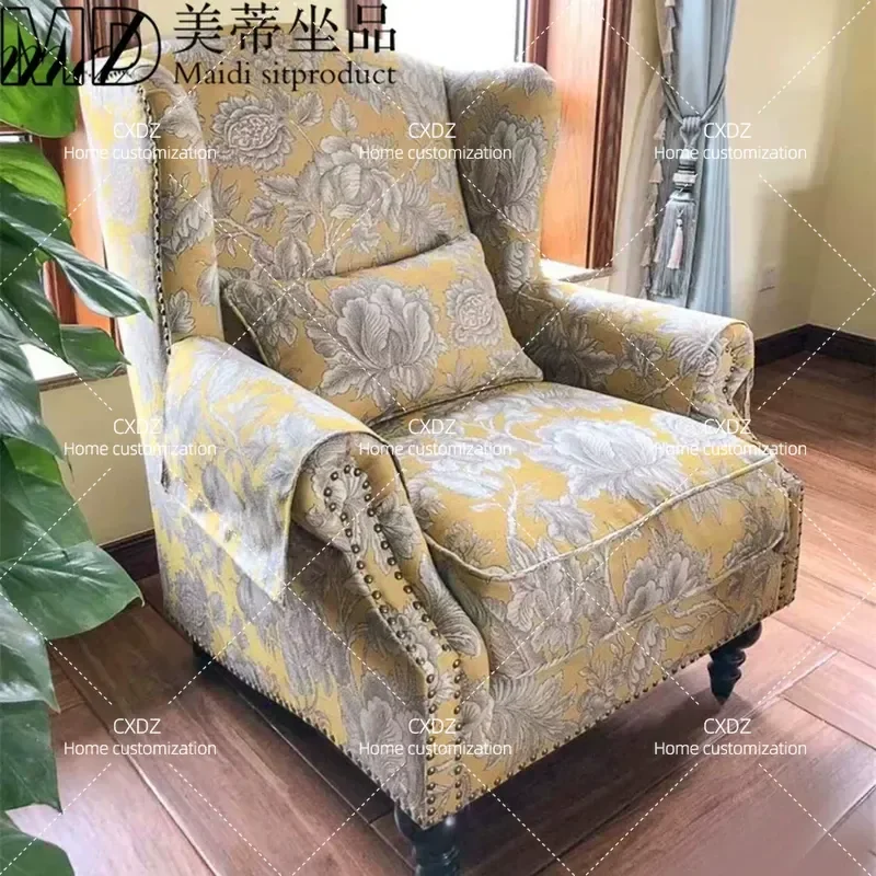 Retro Tiger Print High Back Armchair Yellow Floral Latex Fabric Single Sofa Chair for Living Room Bedroom Small Apartment