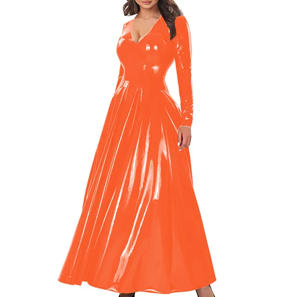 Plus Size Deep V Neck Ankle-length Long Dress Women Back Zipper Long Sleeve A-line Pleated Dress Glossy PVC Leather Streetwear