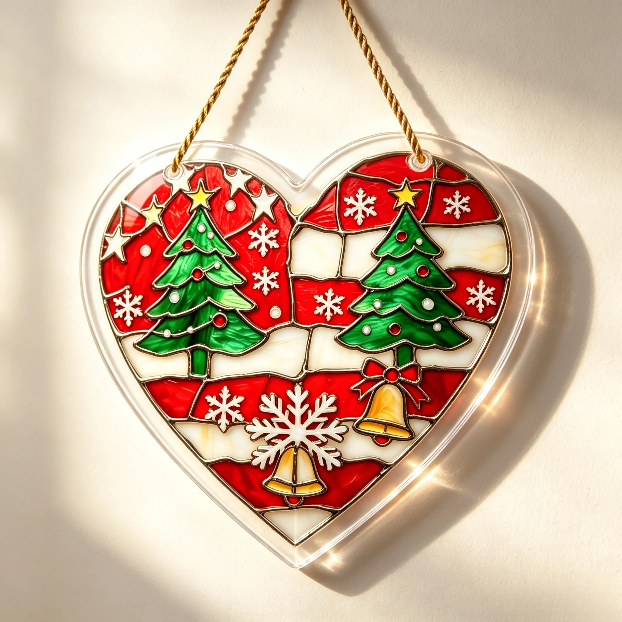 Heart‑Shaped Faux Stained Glass Acrylic Hanging Sign, Xmas Tree Snowflake Bell Holiday Suncatcher