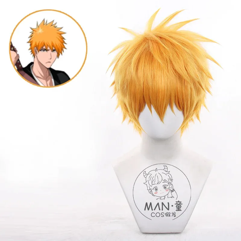 アニメ黒崎一護コスプレウィッグショートオレンジヘア耐熱合成ウィッグハロウィンパーティー役割プレイウィッグ-無料キャップ