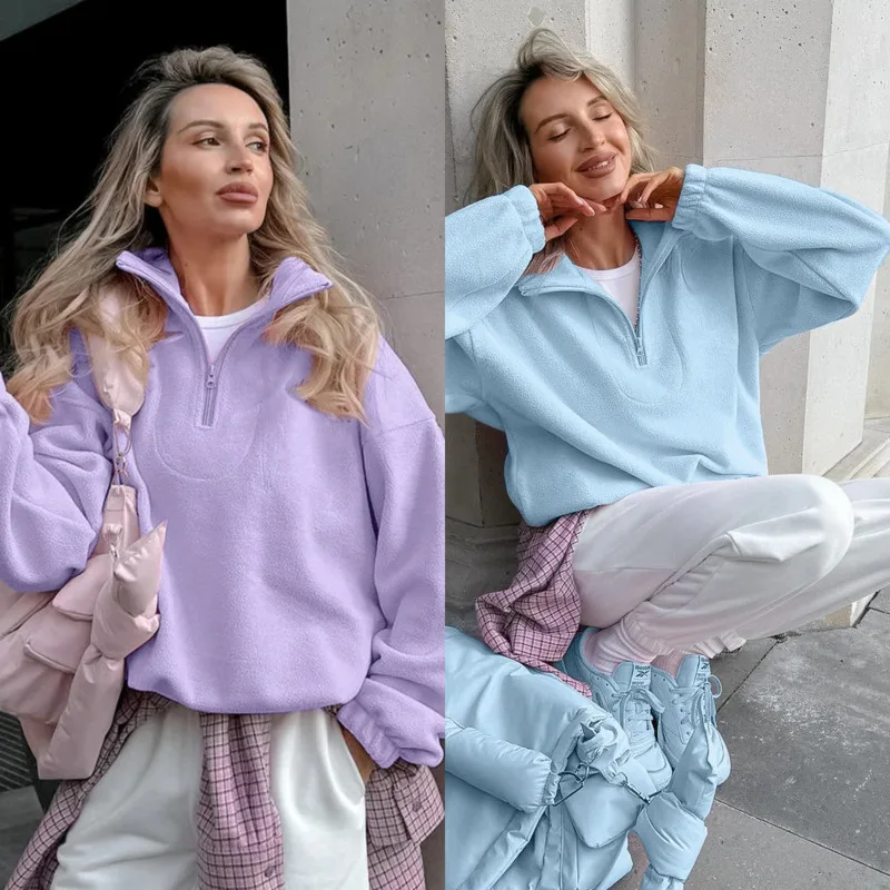 

Fashion Winter Lamb Fleece Hoodie Women Casual Loose Thick Zipper Lapel Long Sleeve Pullover Top Lady Multiple Colors Available