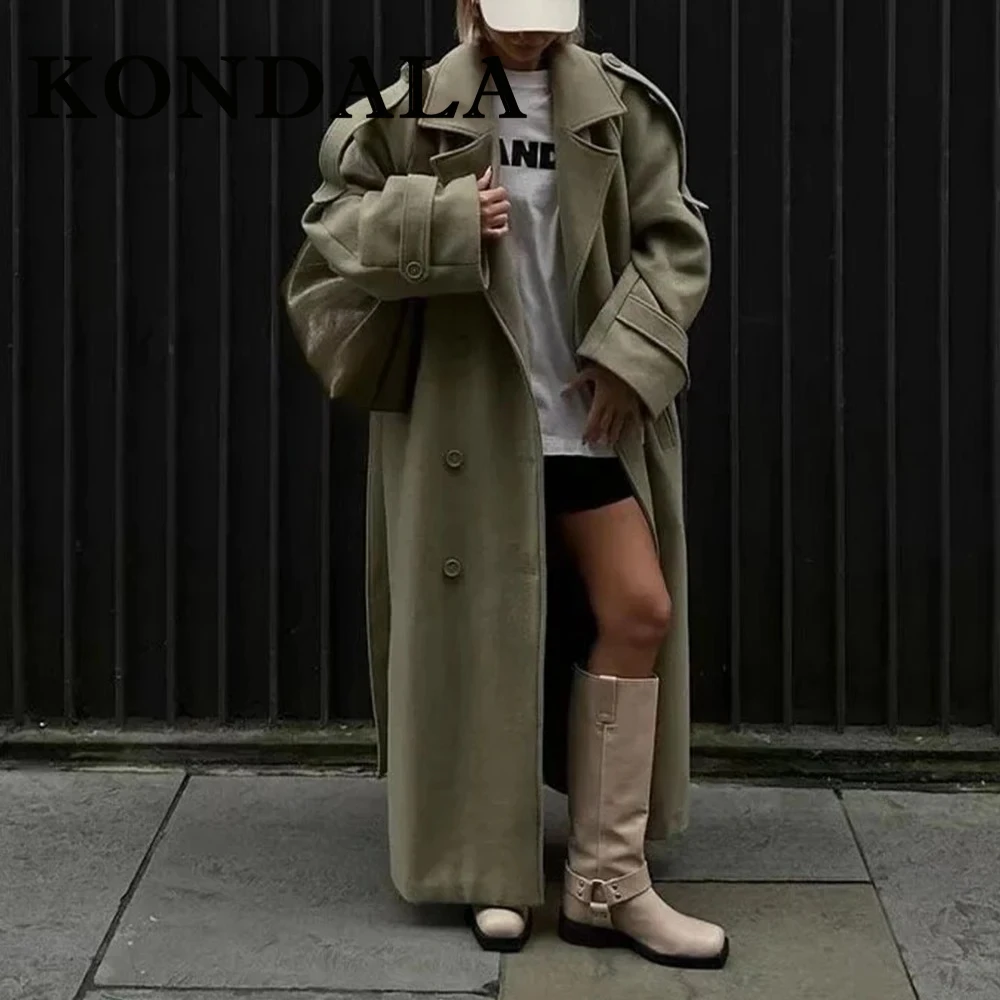 KONDALA Chic 2025 Women Vintage Solid Coats Single Breasted Turn-Down Collar Long Outwear Sashes Loose Streetwear Casual Coats