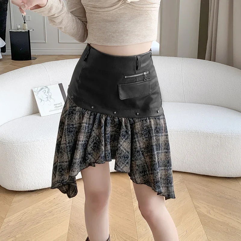 Summer new patchwork irregular PU leather half skirt women\'s 2024 design sense niche spicy girl skirt short skirt