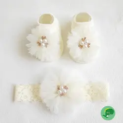 Lovely Pearl Bows Baby Headband Socks Set Non Slip Cotton Sock Lace Flower Newborn Hair Band Turban Girl Hair Accessories