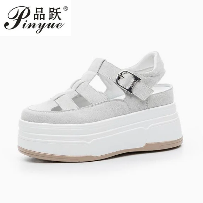 

8.5cm Suede leather Sneakers Round Toe Platform Wedge Hollow Comfort Ladies Women Sandals Buckle Slides Summer Fashion Shoes