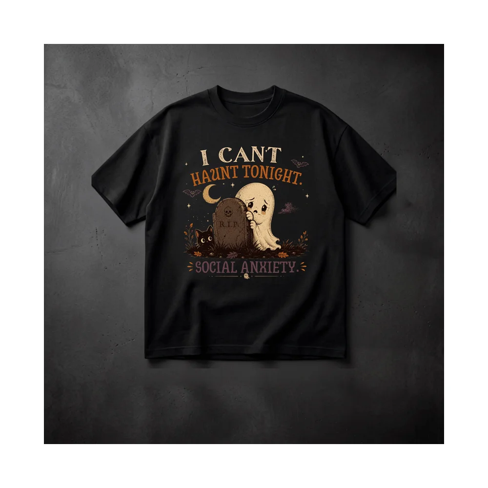 I Can't Haunt Tonight Social Anxiety Halloween Ghost T Shirt Men Women Funny Cartoon Print Short Sleeve Casual Top