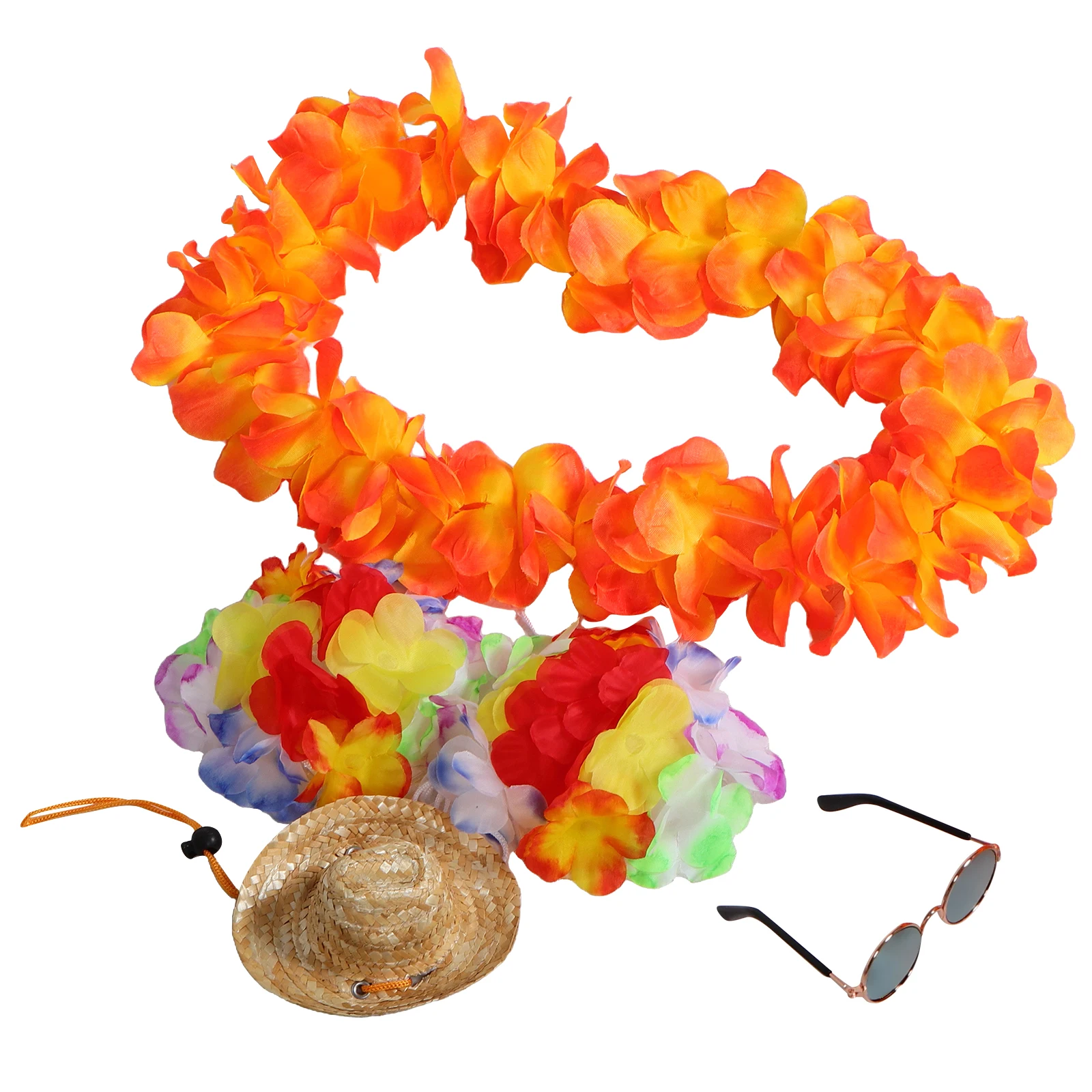 

4 Pcs Festive Decoration Set Hawaiian Porch Goose Outfits Sunglasses Straw Hat Flower Wreath White Statue Birthday Christmas