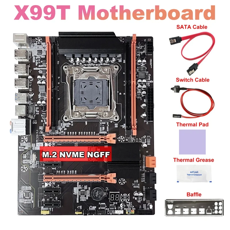 Hot TTKK X99 Motherboard+SATA Cable+Switch Cable+Baffle+Thermal Grease+Thermal Pad LGA2011 V3 M.2 NVME NGFF Support DDR4 4X16G