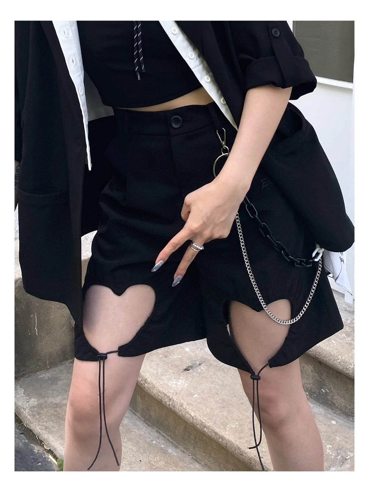 

EOH Original Design Heart-aped Hollow out A-Line Corduroy Suit Pants High Waist Casual Straight Leg Five-Quarter Length