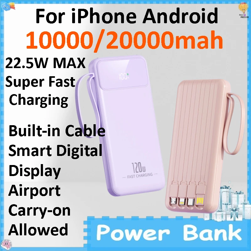 

10000/20000mAh Large Capacity Power Bank Built-in Charging Cable Slim Portable Mobile Power Supply for Smartphone