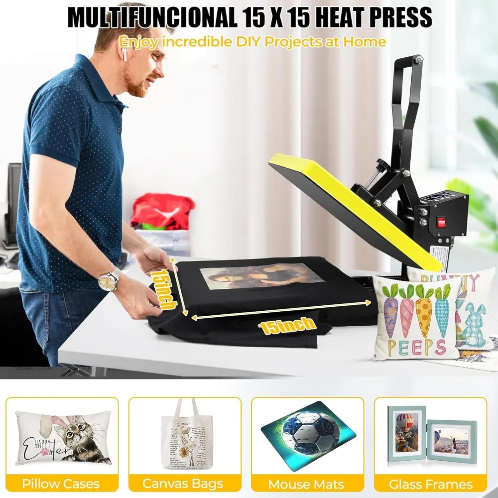 Heat Press 15x15 Slide Out, Clamshell Heat Press Machine for T-Shirts, Bags, Mouse Pads & More, Dual-Tube Fast Heating, Digital