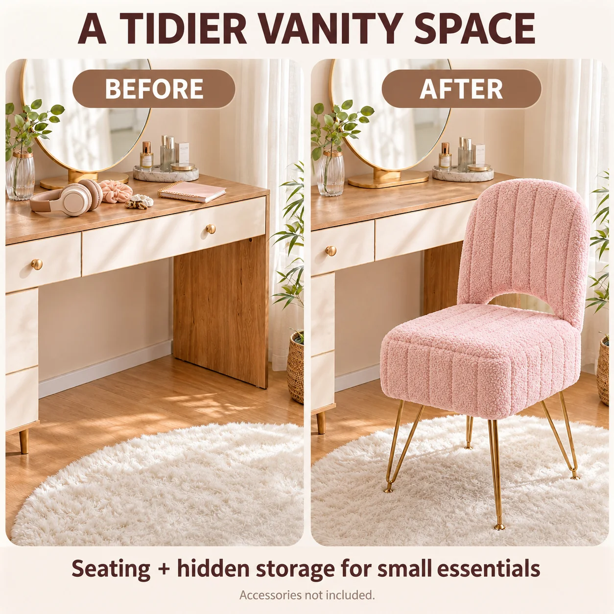 Pink Storage Vanity Chair with Adjustable Folding Backrest Memory Foam Seat Gold Metal Legs and Non Slip Feet Textured Plush or Faux Fur Upholstery Large or Small for Bedroom Dressing Room