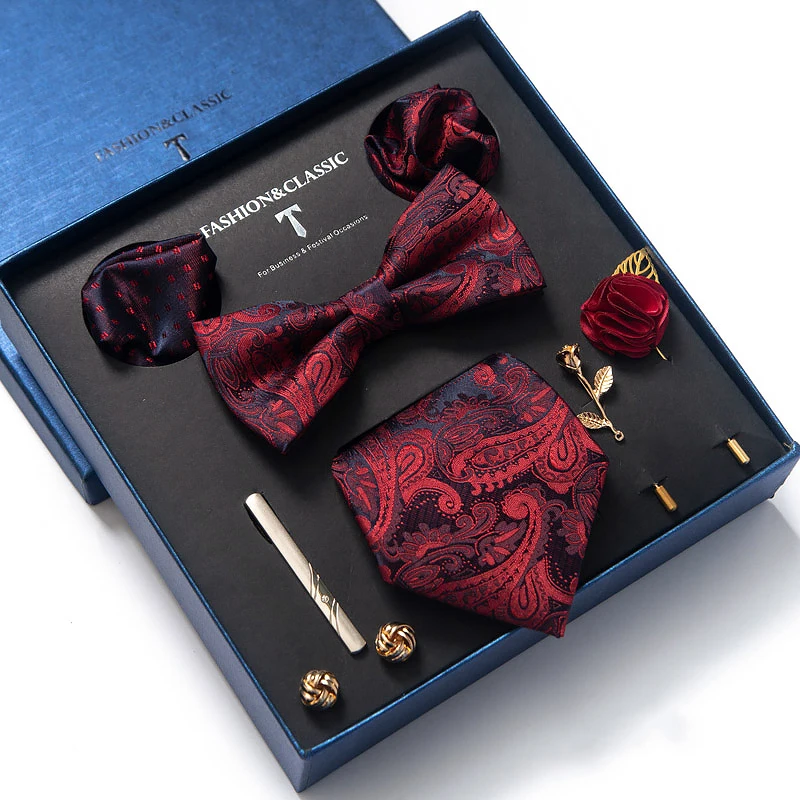 

Brand Newest Design Silk Tie Set Handkerchief Pocket Squares Cufflink Bow Tie Clip Necktie Set Bussiness Wedding Suit Gift Box