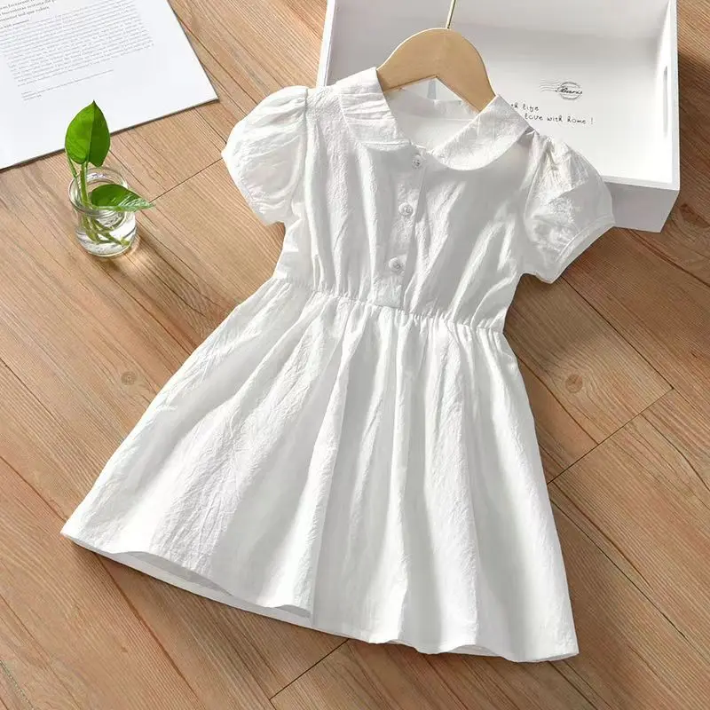 New Summer Girls Dress Baby Kids Casual Party Wedding Princess Short Sleeve Dresses Toddler Clothes Children Tops White Pink