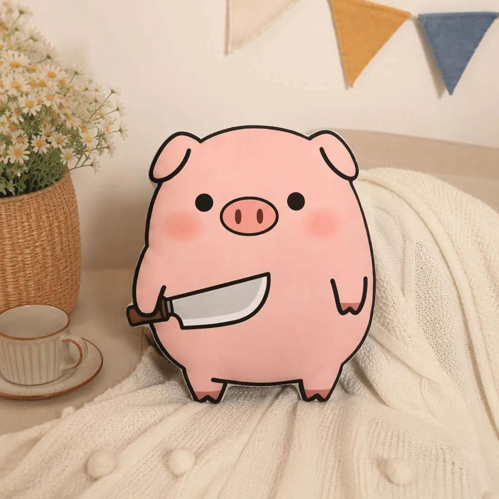 Cute Pig with Knife Shaped Throw Pillow Cartoon Pig Cushion Stuffed Decorative Pillow for Sofa Bedroom Home Decor Accent