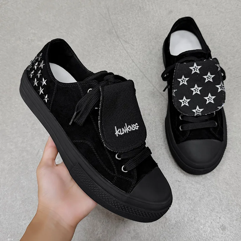 Men's black canvas shoes with rivets, thick-soled, height-increasing, versatile everyday sneakers with flip cover