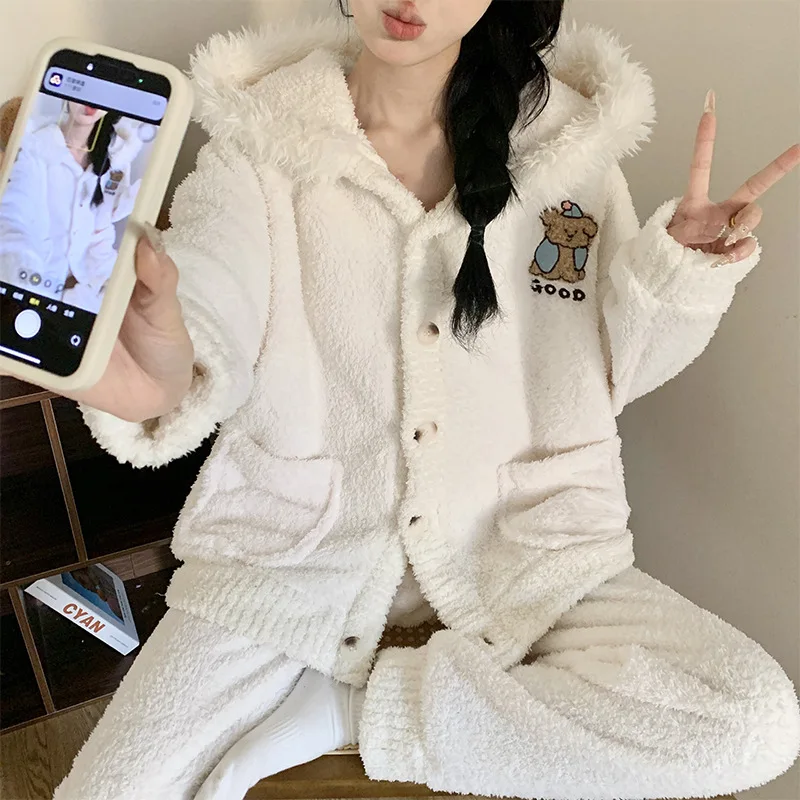 

Комплект женской пижамы: теплые зимние пижамы, модная домашняя одежда, милый пижамный комплект с шапочками