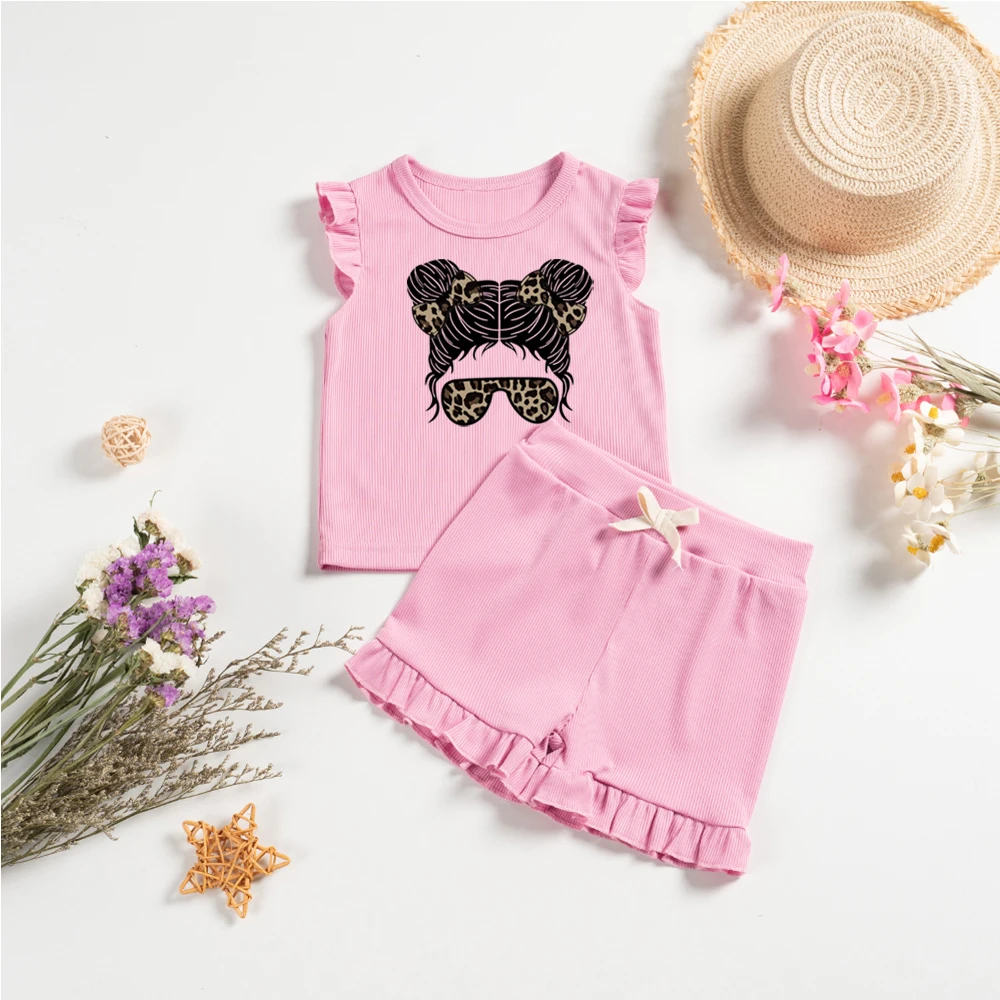 2 Pieces Of Summer Preschool Girls Clothing Set Print Casual Short Sleeve Shorts For Girls Comfortable Soft And Cute Clothes