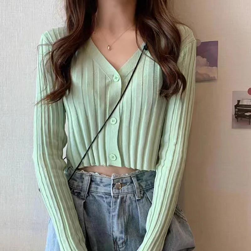 

Женский кардиган-рубашка ITOOLIN на пуговицах, акриловый, с длинным рукавом, V-образным вырезом, приталенный, укороченный, вязаный, в рубчик, тонкий, однотонный, эластичный топ