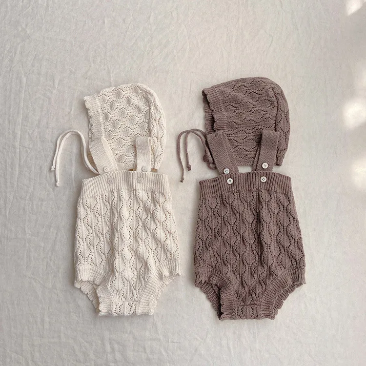 2026 Spring New Baby Sleeveless Knitted Bodysuit + Hat Cute Infant Girl Casual Strap Jumpsuit Fashion Toddler Clothes 0-24M
