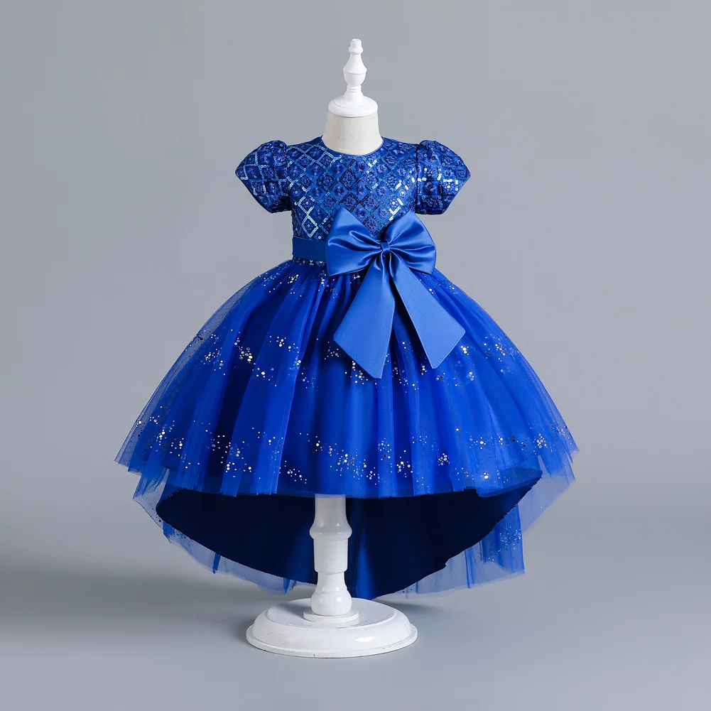 Girls Sequin Puffy Tutu High Low Bow Belted Kids Princess Dress Performance Evening Christmas Dress