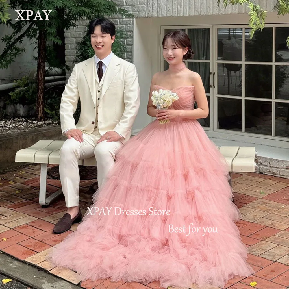 

XPAY Pink Wedding Dresses Strapless Sweep Train Korea Photo Shoot Dresses Custom Made Soft Tulle A-line Elegant Bridal Gown