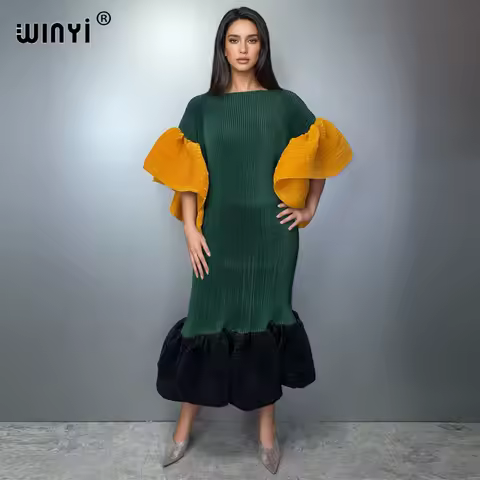 WINYI Pleated Elastic slim dress boho beachwear cover up muslim woman kaftan abaya dubai luxury long down holiday evening dress