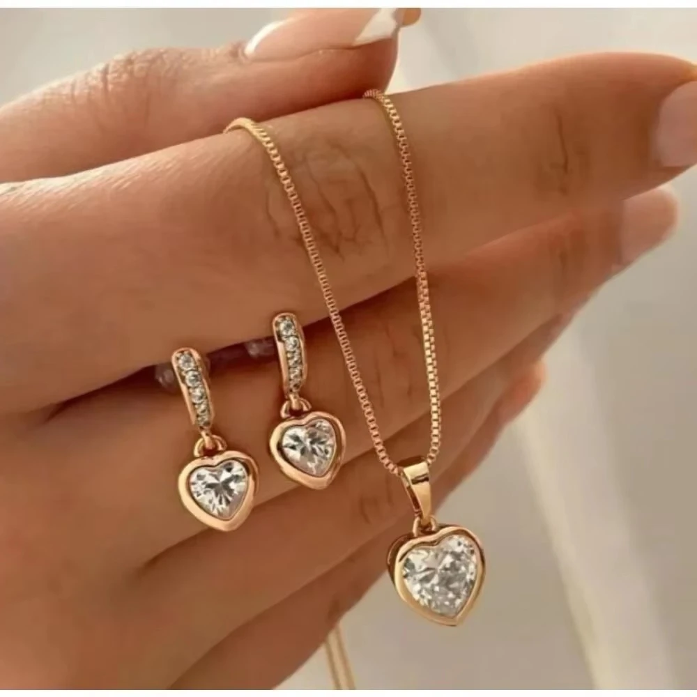 Women Heart CZ Stone Necklace Earrings Set Elegant Charm Pendant Jewelry Anniversary Gift for Women