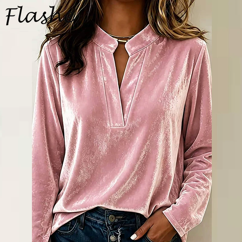 Fashion Velvet Blouse Women Long Sleeve Shirt V Neck Solid Color Loose Sweatshirts For Women Autumn Winter Pullovers