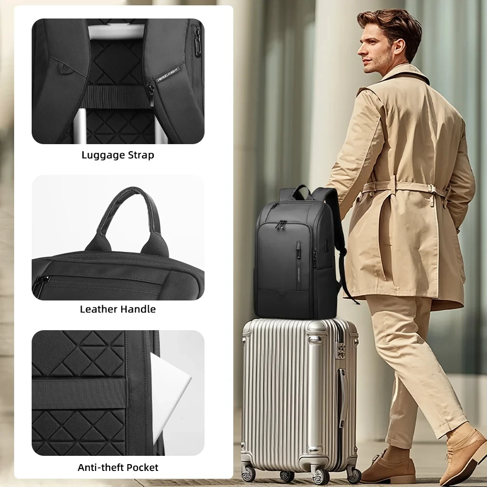 حقيبة ظهر للعمل للرجال من HK مقاومة للماء مقاس 15.6 بوصة للكمبيوتر المحمول مع USB متعددة الجيوب حقيبة ظهر للسفر حقيبة مدرسية ذات سعة كبيرة