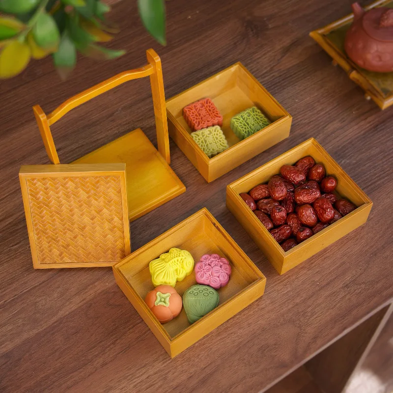 Scatola di bambù cinese a tre strati per picnic, scatola di frutta, snack portatile, piatto di frutta, scatola di immagazzinaggio portatile per set da tè