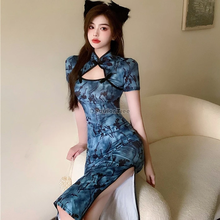 2025 summer chinese printed split sexy hollow-out mid-length cheongsam new improved qipao retro fashion short sleeve qipao w481