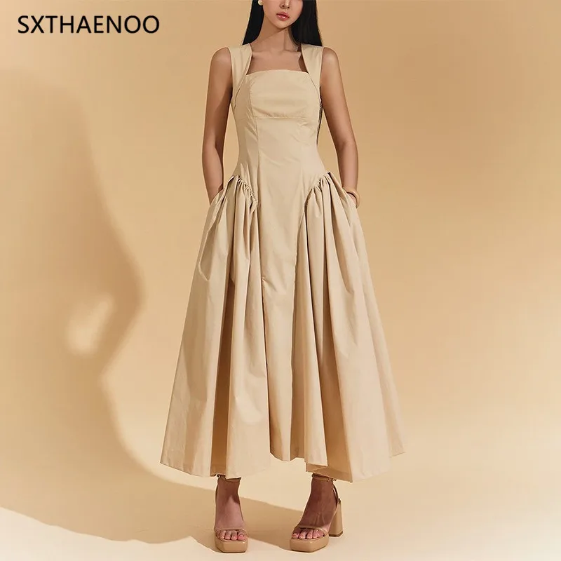 

SXTHAENOO Solid Spliced Folds Long Dresses Women Square Collar Sleeveless High Waist Minimalist Dress Female Party Vestidos 2025