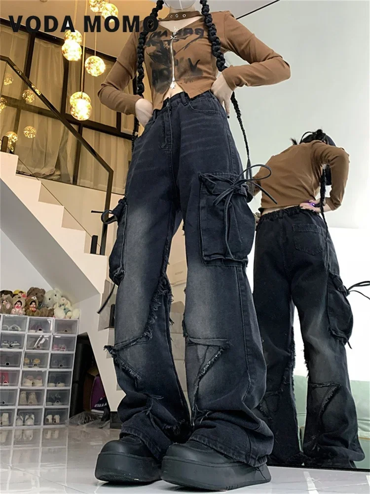 Wiosna Lato Designerski Styl Moda Y2k Estetyka Cargo Jeansy Luźne Retro Estetyczne Spodnie z Wysokim Stanem Damskie Harajuku Denim Podstawowe