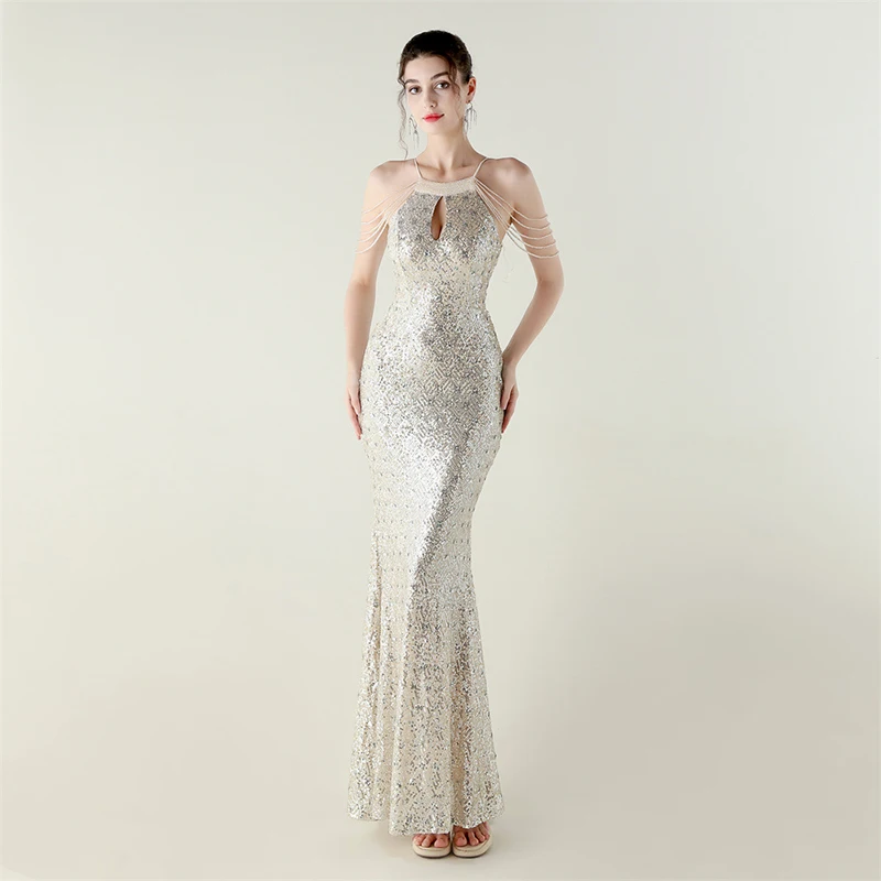 

Female Summer Clothing Women Spaghetti Strap Halter Cut Out Cocktail Formal Occasion Prom Luxury Long Dress